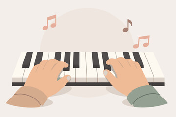 Hands playing keyboard piano with musical notes