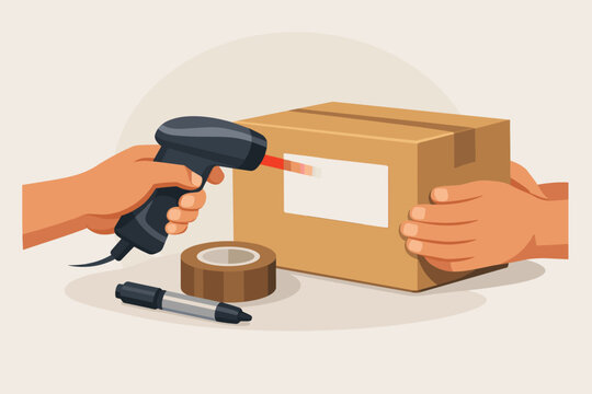 Hands scanning labeled package with barcode scanner and tape in background