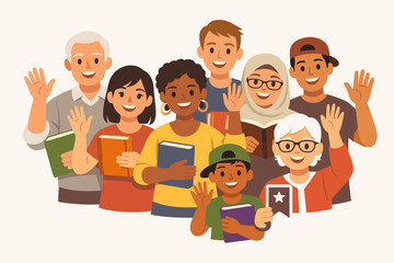 Fototapeta premium Diverse group of people waving and smiling with books