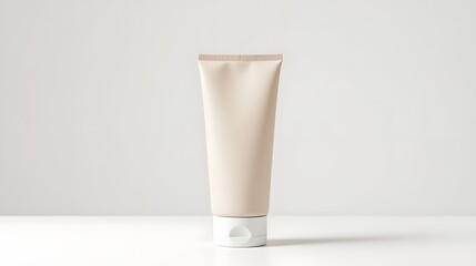 A cosmetic tube stands on a white surface against a plain white background from a front viewpoint