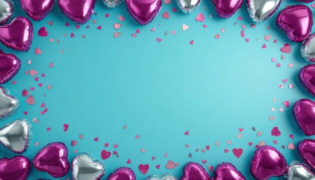 Foil heart shaped balloons and confetti frame a bright blue background surface