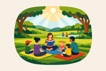 Obraz premium Female storyteller engages diverse children in outdoor reading circle