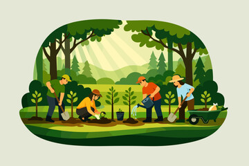 Fototapeta premium Group of adults planting trees in sunlit forest setting