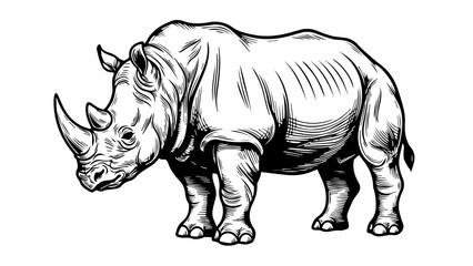 Fototapeta premium Black and white illustration of a solitary rhinoceros with two distinct horns