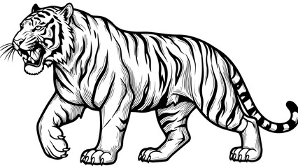 Obraz premium Black and white line drawing of a tiger in mid-stride with mouth open