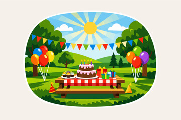 Fototapeta premium Colorful outdoor birthday party with cake and balloons in sunny park