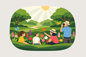 Fototapeta premium Family enjoying nature hike in sunny park with wildflowers and butterflies