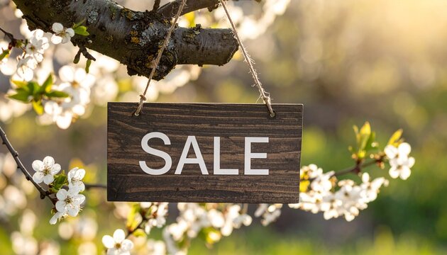 Wooden "SALE" sign hanging from a blooming tree branch in a sunny spring garden setting.