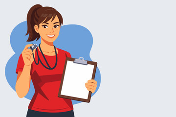 Naklejka premium Female coach holding whistle and clipboard - caucasian young adult