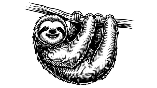 Black and white illustration of a sloth hanging from a textured tree branch