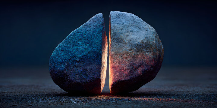 Divided Stone, United Light: A split stone reveals a glowing core, symbolizing division and unity with contrast. 