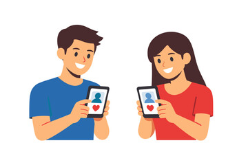 Young caucasian couple engaging in online dating with smartphones