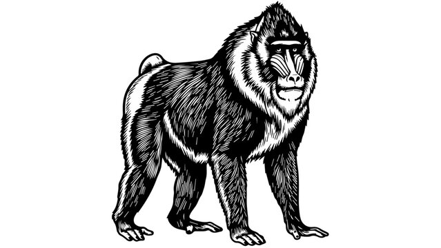Black and white illustration of a mandrill standing upright on hind legs