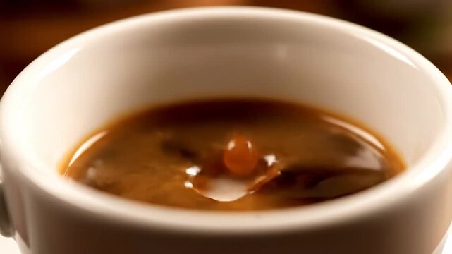Close-up of a sugar cube melting into a fresh cup of hot coffee