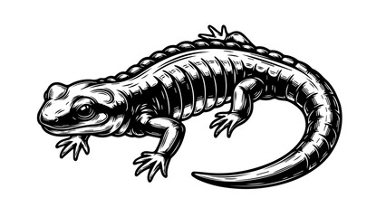 Black and white illustration of a lizard in an alert pose with detailed scales