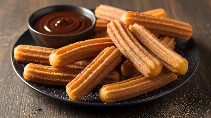 Delicious churros with chocolate dipping sauce