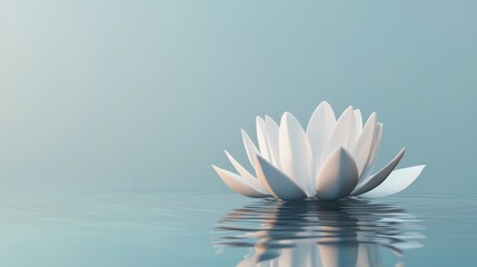 Serene 3d render of a pristine white lotus flower gently floating on calm, rippling water with a soft blue background