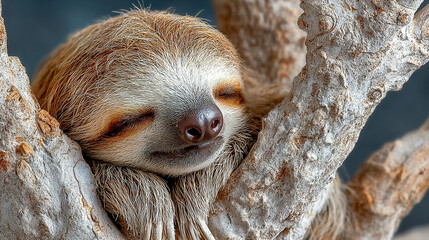 Obraz premium A sleeping sloth nestled in tree branches with closed eyes.