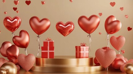 Valentine's day display with red heart balloons and gift boxes on golden podium