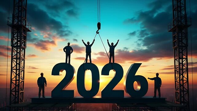 Silhouetted workers on a construction site build a large 2026 sign at sunset, symbolizing progress and future goals.