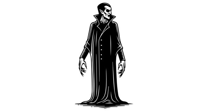 Black and white illustration of a vampire figure with a gaunt face and flowing coat