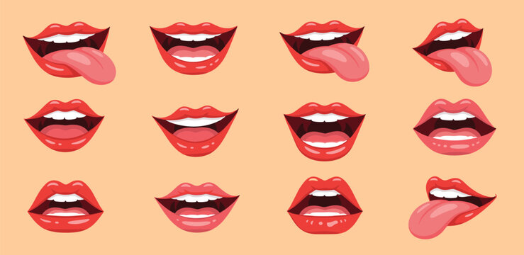 Collection of cartoon lips and tongues in various expressions on a uniform background viewed from the front