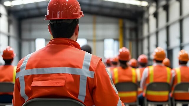 A group of workers in safety gear sit attentively in a warehouse for a briefing, highlighting teamwork and safety protocols