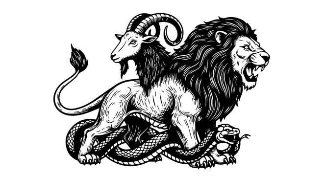 Black and white illustration of a mythical chimera with lion and goat features