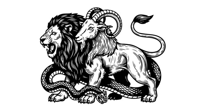 Black and white illustration of a mythical chimera with lion, goat, and serpent features
