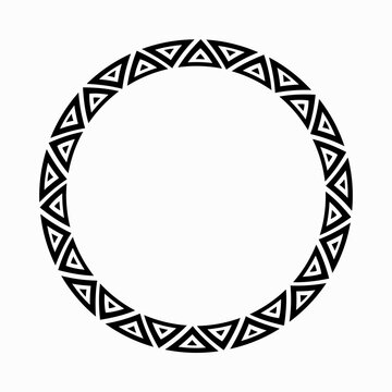 A circular black geometric tribal border with repeating triangle patterns on a white background