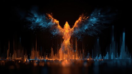 Fototapeta premium Analytics symbols forming a rising phoenix, fantasy cyber illustration, fiery orange blue, digital art, business revival through data