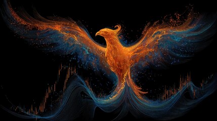 Obraz premium Analytics symbols forming a rising phoenix, fantasy cyber illustration, fiery orange blue, digital art, business revival through data