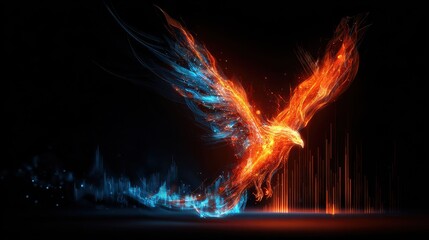 Analytics symbols forming a rising phoenix, fantasy cyber illustration, fiery orange blue, digital art, business revival through data