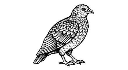 Fototapeta premium Black and white line drawing of a bird of prey with intricate feather details