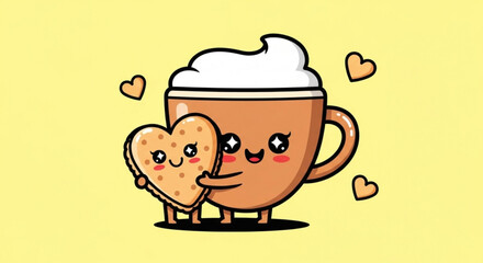 Cute cartoon coffee cup and heart shaped cookie hug each other with hearts around on yellow background