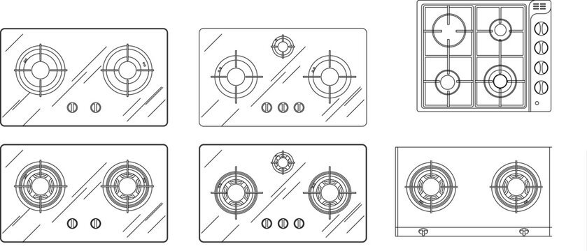 Vector line art collection of various gas stove designs in top view, featuring two-burner, three-burner, and four-burner hobs for kitchen floor plans and interior elevations
