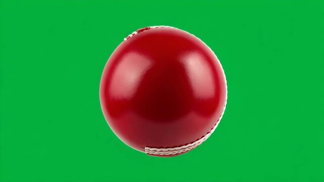 Red cricket ball with white stitching on green screen&nbsp;background