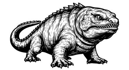 Fototapeta premium Black and white illustration of a fierce dinosaur-like reptilian creature with textured scales and sharp teeth