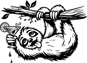 Fototapeta premium Funny Sloth Hanging From Branch Drinking Cocktail, Black and White Engraving Style Illustration for Prints, Bar Decor and Merchandise