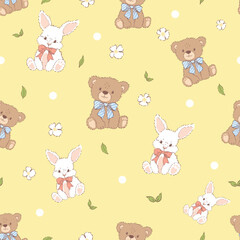 Obraz premium Cute Bear and Rabbit Seamless Pattern on Yellow Background