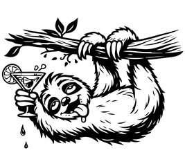 Fototapeta premium Funny Sloth Hanging From Branch Drinking Cocktail, Black and White Engraving Style Illustration for Prints, Bar Decor and Merchandise