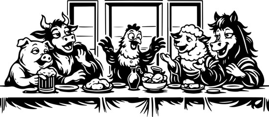 Fototapeta premium Funny Farm Animals at Table Party Scene, Cow Pig Sheep Dog and Horse Drinking and Eating, Black and White Engraving Illustration