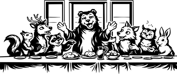 Fototapeta premium Funny Animal Last Supper Parody With Bear, Deer, Dog, Cat and Rabbit, Black and White Engraving Style Illustration