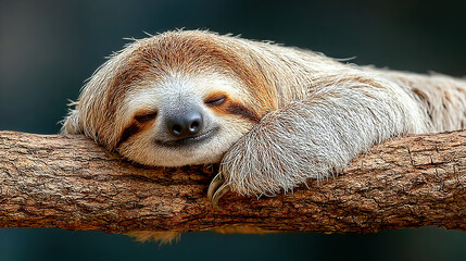 Fototapeta premium A sloth resting on a tree branch with closed eyes.