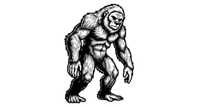 Black and white illustration of a muscular ape-like creature standing upright