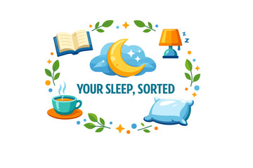Naklejka premium Cozy sleep essentials with moon, book, tea, lamp, pillow, and foliage