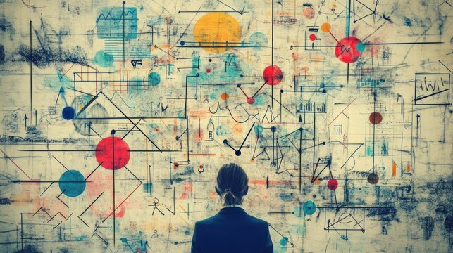Businesswoman facing complex strategy wall; brainstorming, problem solving