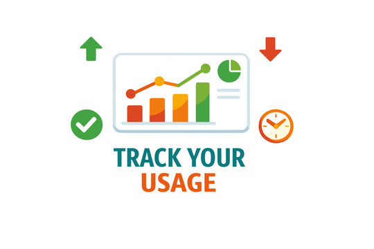 Data analysis graphic with growth chart, clock, and arrows for usage tracking