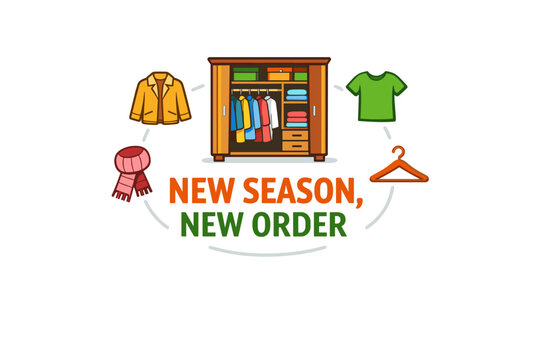 Organized wardrobe with colorful clothes and accessories for new season