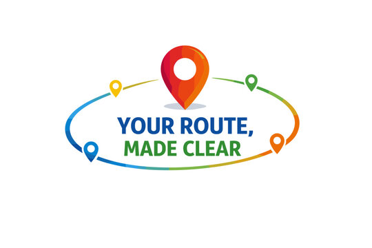 Colorful navigation logo with gps icons and 'your route, made clear' text